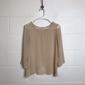 Francesca's Dina Be Womens Blouse Blush Tan 3/4 Sleeve Top Overlay Back Large